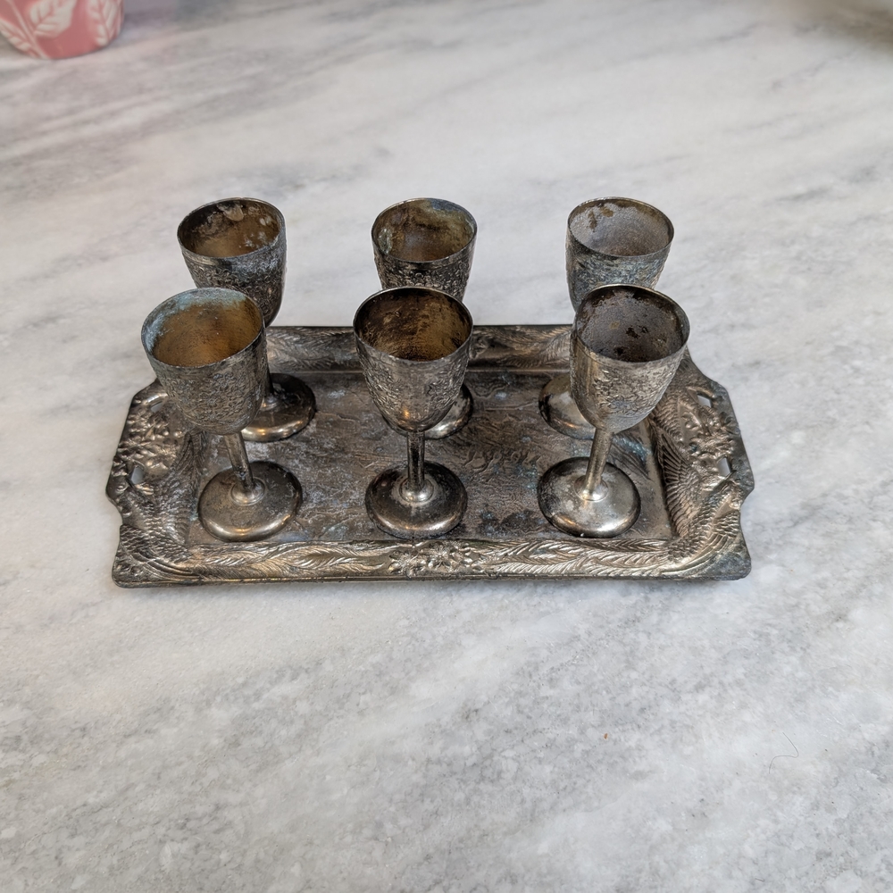 Antique Silver Plated Goblet Set of 6 with Serving Tray from Occupied Japan